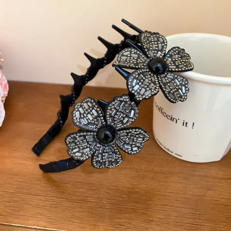 2Pcs Set Funkelnden Diamant Blume Feder Haar Zubehör Set Haar Hoop + Grip Clip frauen Bankett Stil pan Haar Zubehör – Detail 5