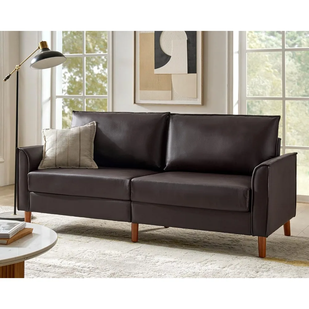 

78" Faux Leather Sofa with Solid Wood Legs, Mid-Century Modern PVC Leather Couch, Comfy Upholstered 3-Seater Sofa for Living Ro