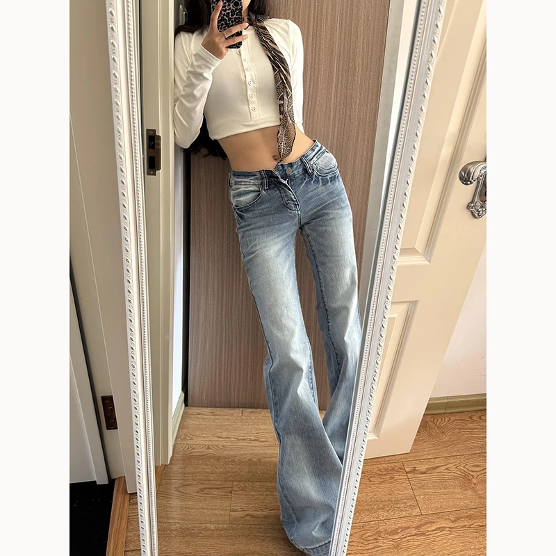 YIBASHU Pantalones Vaqueros Acampanados de Cintura Baja Vintage para Mujer, Estilo Y2K Harajuku, Pantalones Largos Acampanados, Jeans Azules Holgados, Novedad de Verano