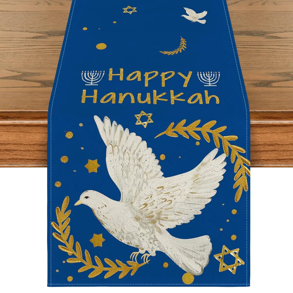 

Dove Hexagram Happy Hanukkah Table Runner, Chanukah Kitchen Dining Table Decoration for Home Party Decor
