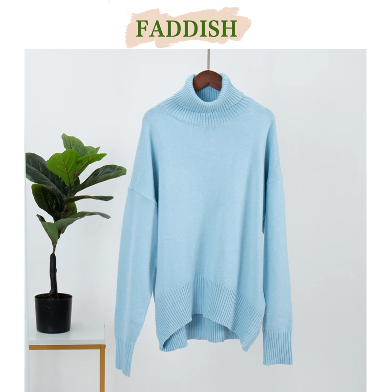 FADDISH 2024 Autumn Winter Women Fashion Loose Warm Turtleneck Knitted Sweater Female Solid Color Casual Long Sleeve Pullover