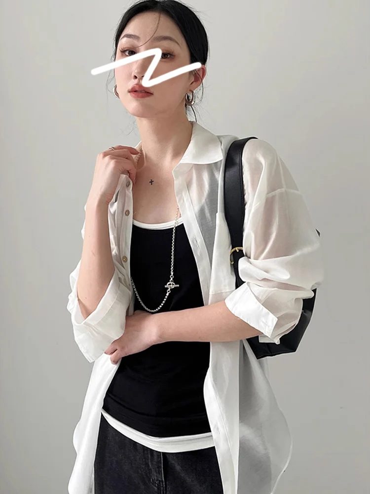 Lacele Summer New Loose Women's Sunscreen Silk Shirt Drapey Style Thin Outerwear Casual Top Fashionable Versatile for All TT276