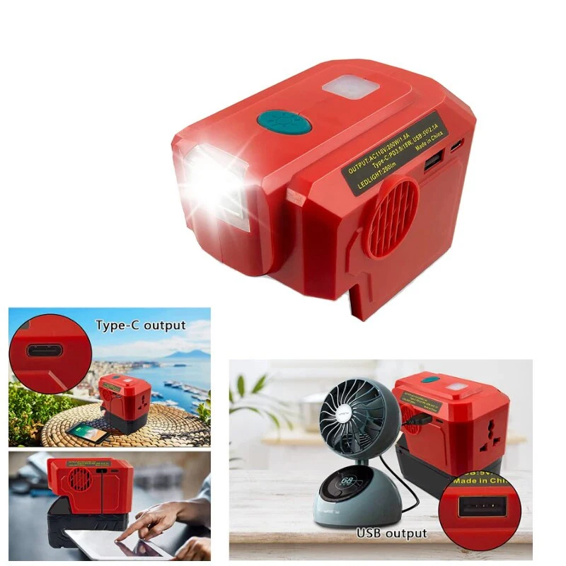 

Outdoor 200W Power Inverter for Milwaukee 18V Battery DC 18V To AC 110V/220V Portable Power Source Supply AC Outlet USB Type-C