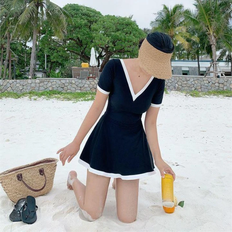 Swimsuits 2024 Woman Two-Piece Skirt Solid Short Sleeve Deep-v Conservative Swimwear Black Bikini Beach Clothes Bathing Suits