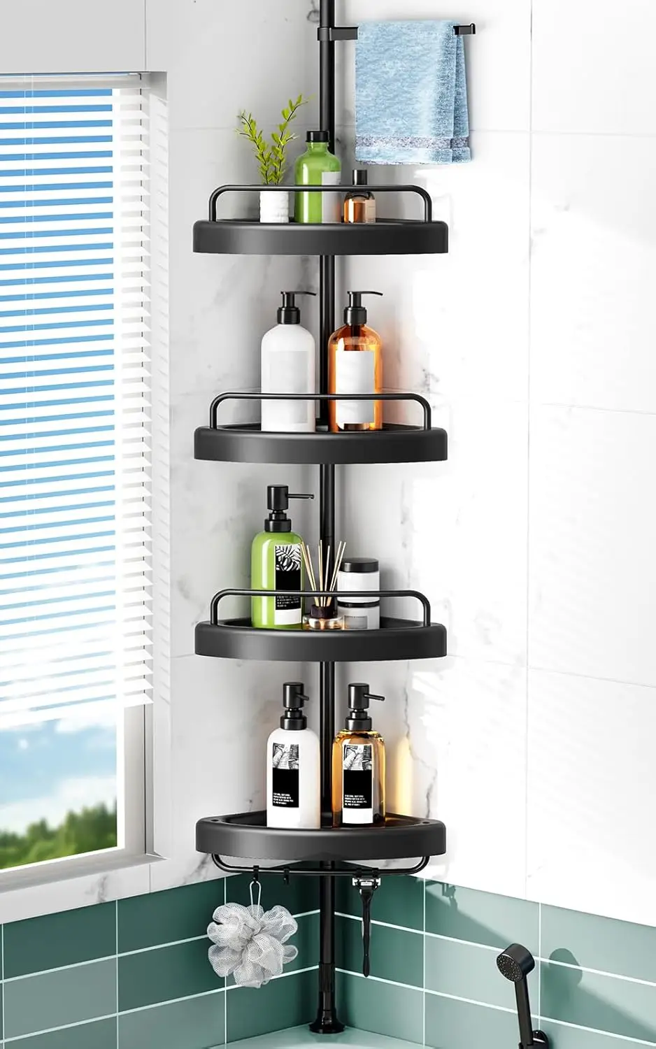 

4-Tier Corner Shower Caddy Tension Pole: Adjustable Storage Organizer for Bathroom, Bathtub & RV - Black