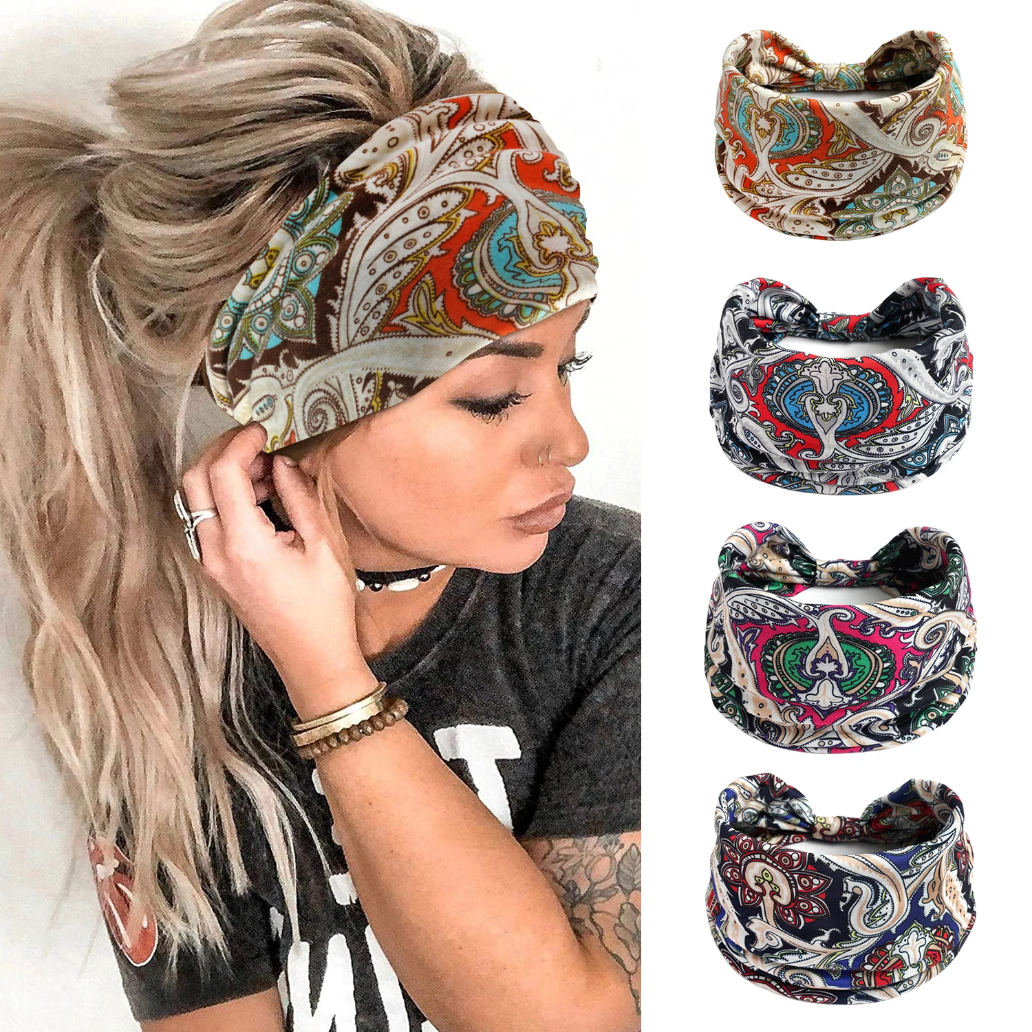 Wide Boho Headbands for Women Girls Elastic Turban Headwrap Knot Non-Slip Hairbands Sport Yoga Running Headband Hair Accessories