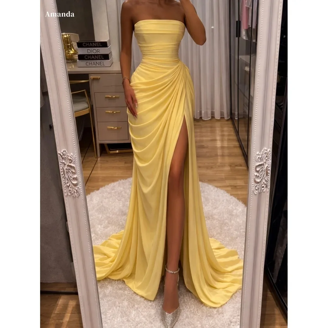 Vestido de Noche Personalizado Amarillo Limón sin Tirantes con Corsé de Jersey Drapeado y Fruncido, Abertura Alta, Largo hasta el Suelo, Vestidos de Noche 2026