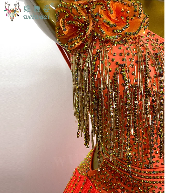 زي الراقصة اللاتينية للأطفال البالغين الراقية مخصصة من حجر الراين المجوف فستان أداء حجر الراين السامبا