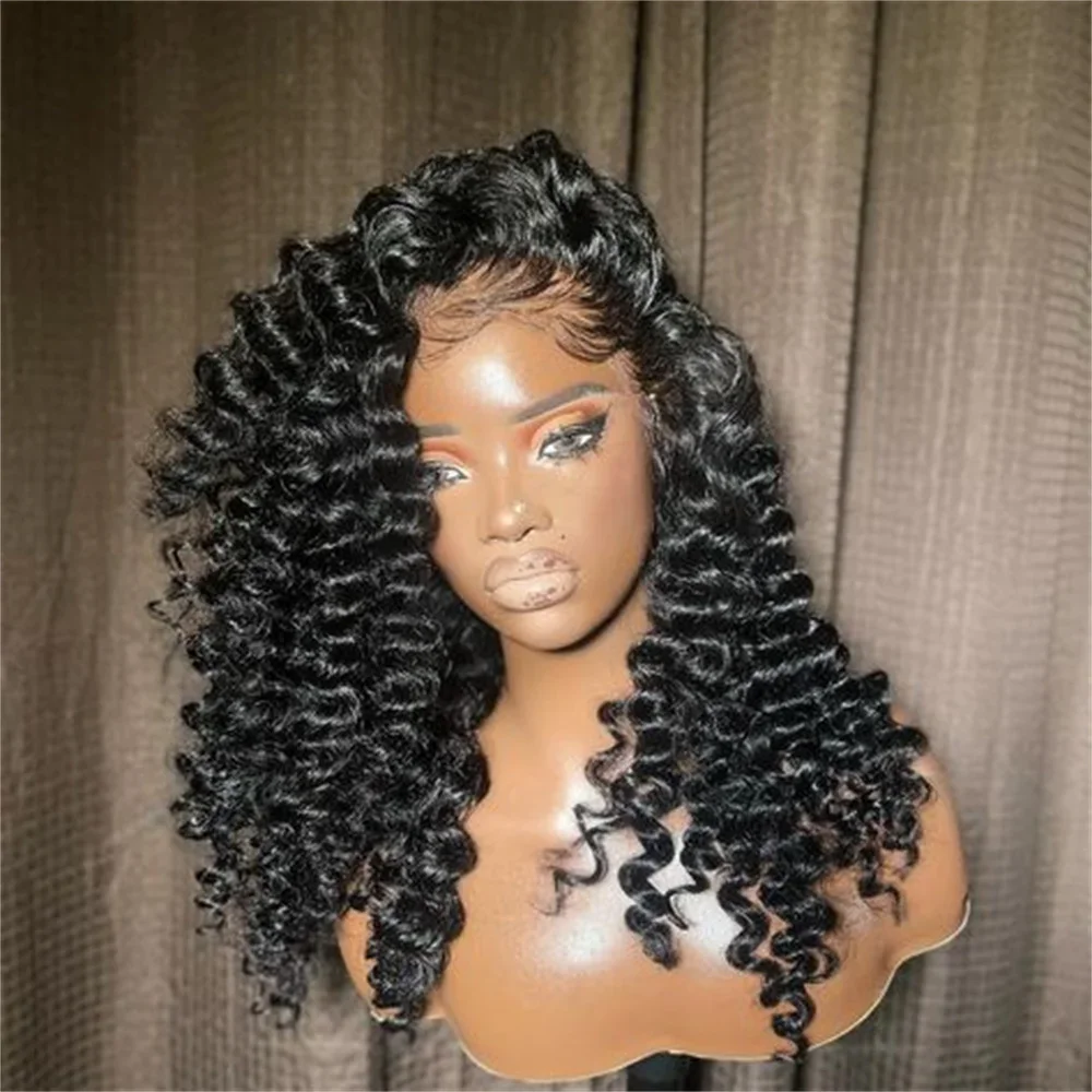 لينة طويلة موجة عميقة مجعد 180 الكثافة الأسود قبل قطعها لينة 26 "الدانتيل شعر مستعار أمامي الاصطناعية للنساء مقاومة للحرارة غلويليس يوميا