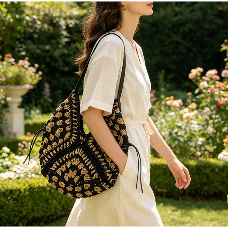 Woven Hollow Shoulder Bag, Tassel Design Beach Leisure Vacation Straw Weaving Tote Large Capacity Commuter Handbag Color Block