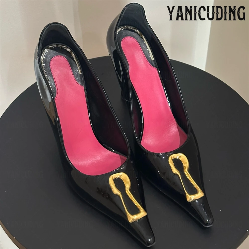 Golden Metallic Keyhole Pointed Pumps Black Suede Leather Stilettos Novelty Designer Style Buckle Slip on High Heels for Women
