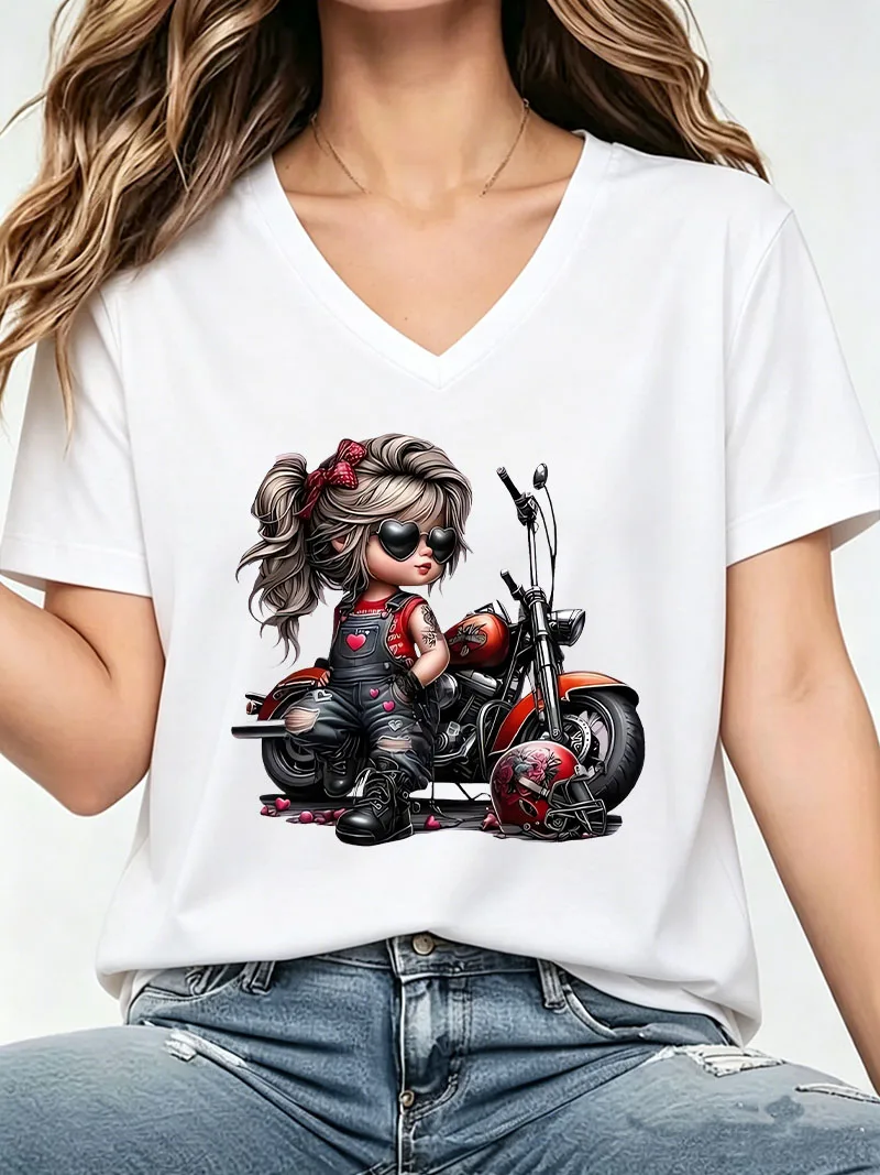Streetwear Retro Motorcycle Women Print T-shirt V Neck 90s Gothic Women's Casual Short Sleeve T Shirt Clothing Top Tee