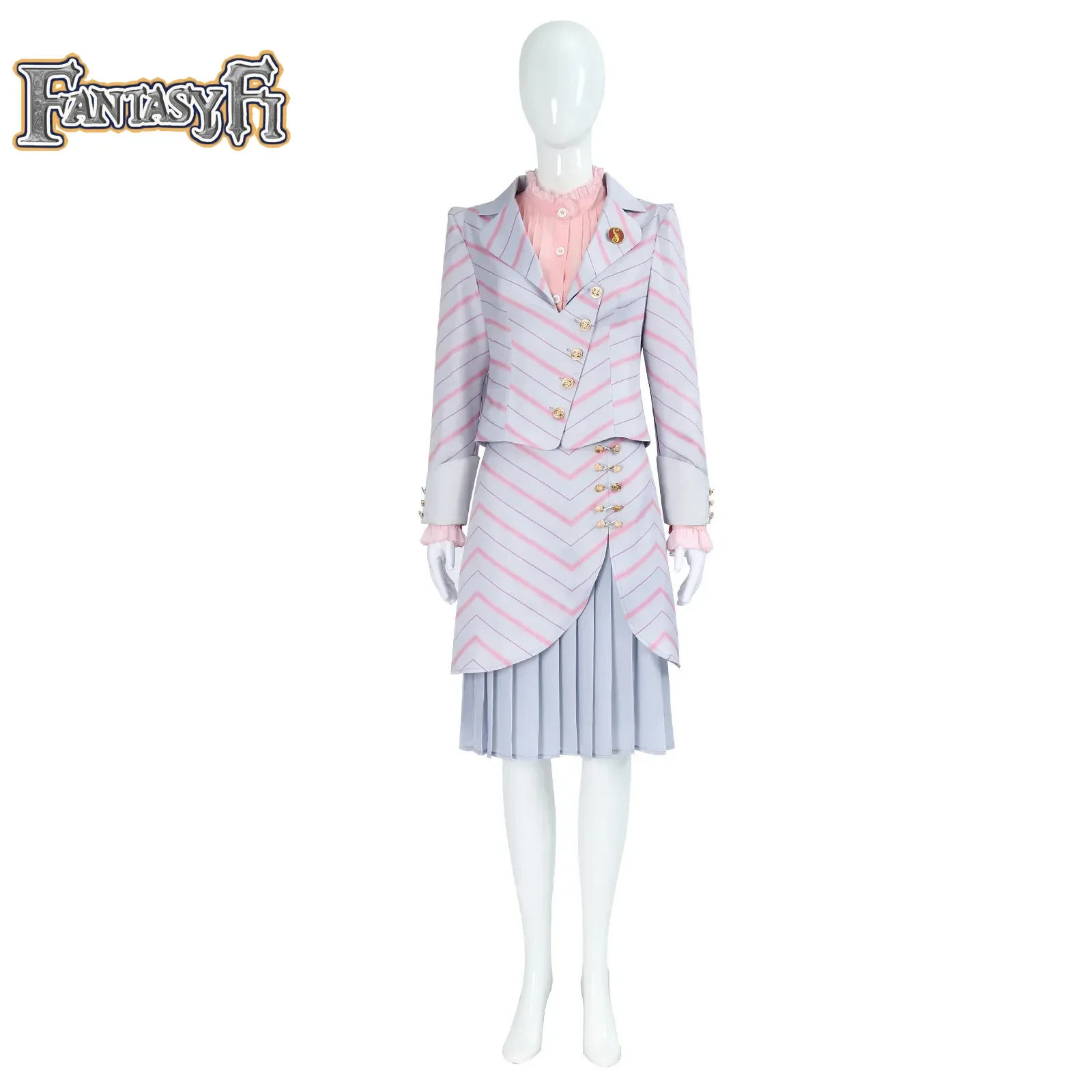 女性のハロウィーンパーティーのコスプレ衣装,赤い縞模様のコート,スカート,ピンクのシャツ,ロールプレイングスーツ