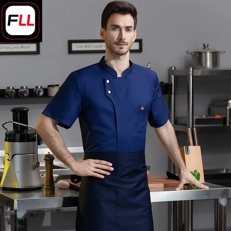 Uniforme de chef transpirable de manga corta para verano, uniforme de chef de alta gama con logotipo impreso, uniforme de trabajo para repostería y catering.