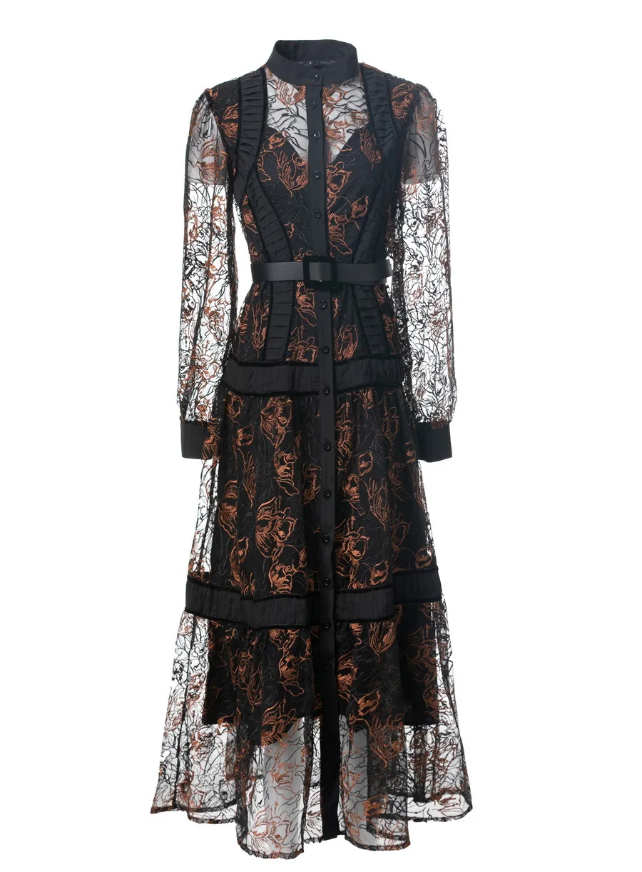 

European and American women's clothing 2025 summer new Long sleeve embroidery mesh fashion Pleated dress with belt XXL