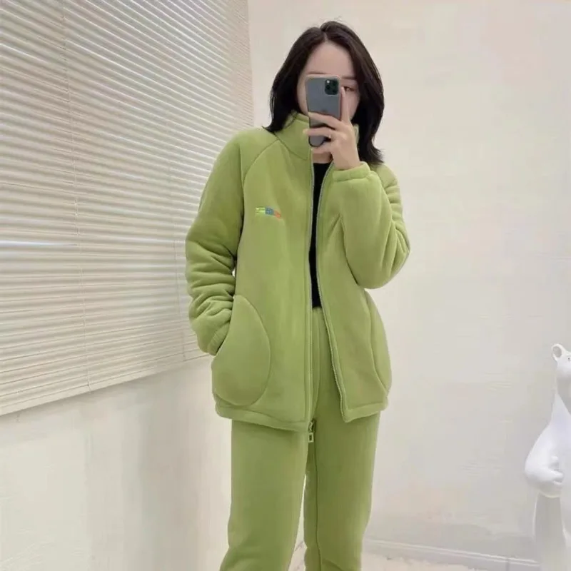 2023 New Aussie Plush Homewear Set Three Layers Thicken Loungewear Couple Sleepwear Standing Collar Pajamas Warm Loose Nightwear