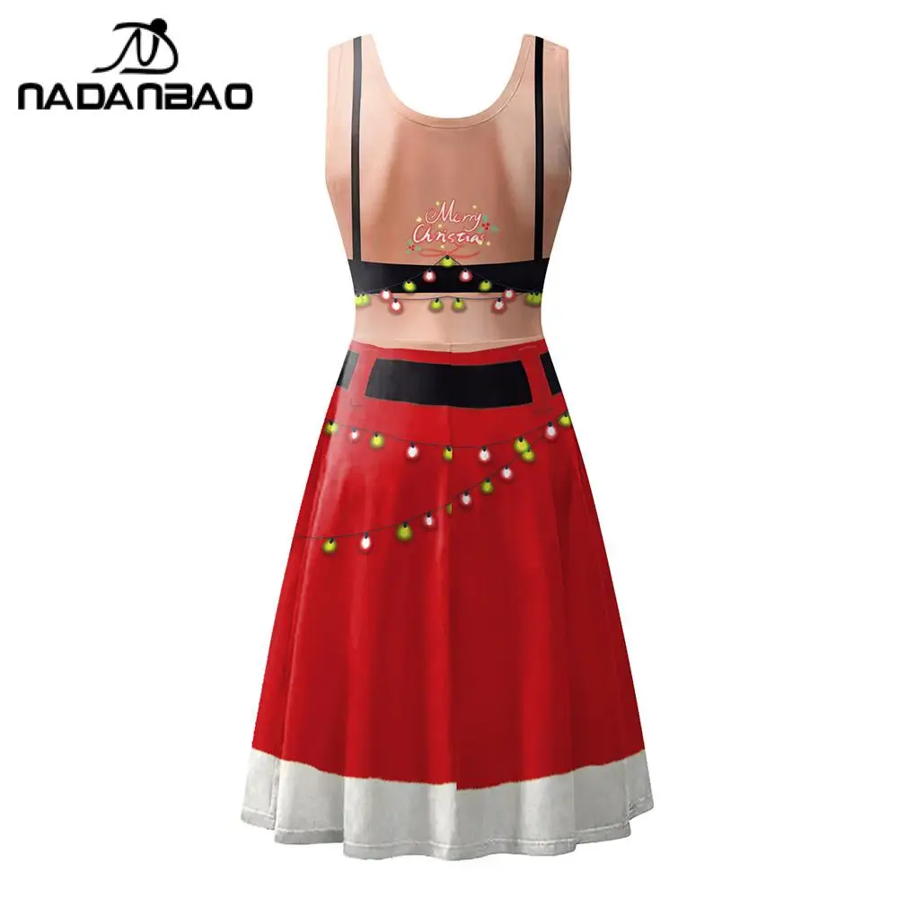 Nadanbao Christmas Holiday Party Funny Dress Women Red 3D Printing Costume Girls Fashion Sleeveless Sexy Backless Dress