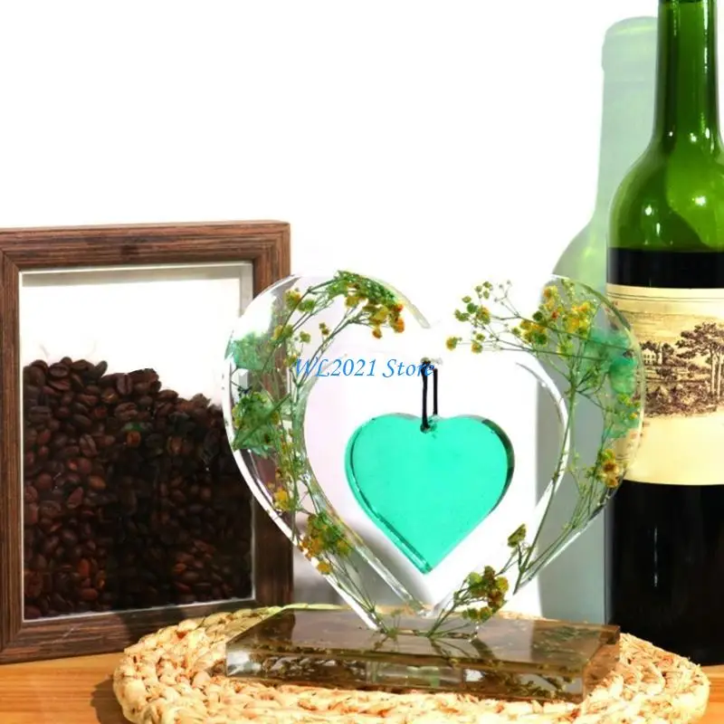 G5GC Double Heart Photo Frame Silicone Mold with Base Bracket Epoxy Resin Jewelry Tool Making Diy Craft Home Decorations