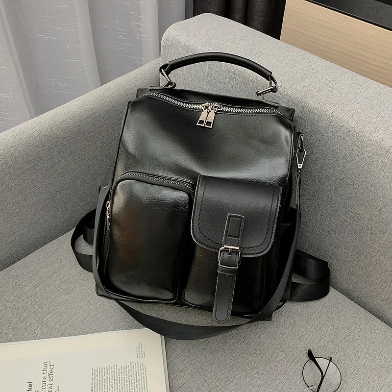 

British-Style Soft Leather Backpack, Multi-Pocket Business Commuter Backpack That Can Be Worn Cross-Body, Multifunctional Flip-Top Women's Casual Travel Backpack, Wear-Resistant Pu Leather Multi-Compartment Commuter Laptop Bag