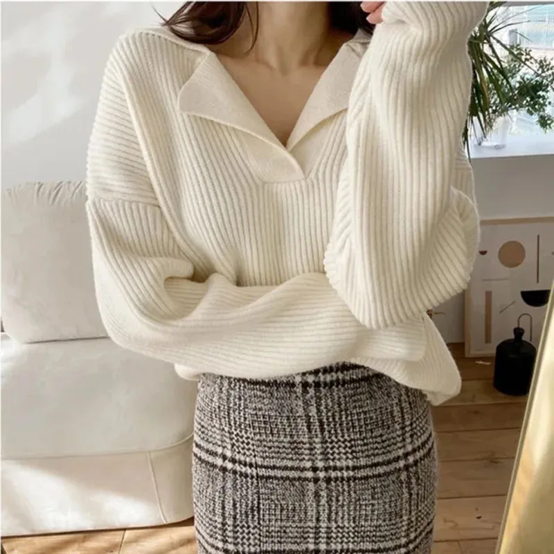 Knitted Pullover Women Sweater Elegant Fashion Casual Long Sleeve Turn Down Collar Solid Loose Tops Autumn Winter