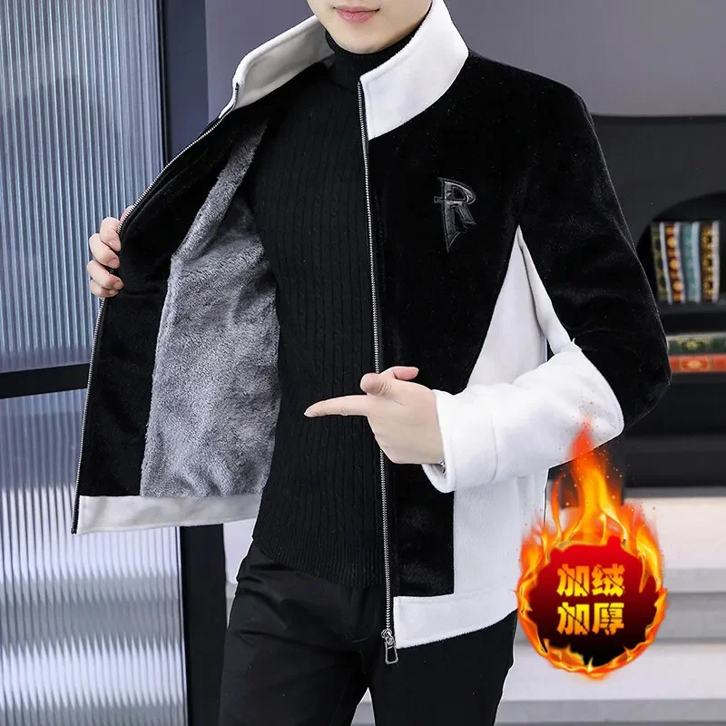 Abrigo de lana para hombre con cuello levantado, chaqueta gruesa con forro polar de invierno, parte superior de bloque de Color blanco y negro, chaqueta con cuello levantado