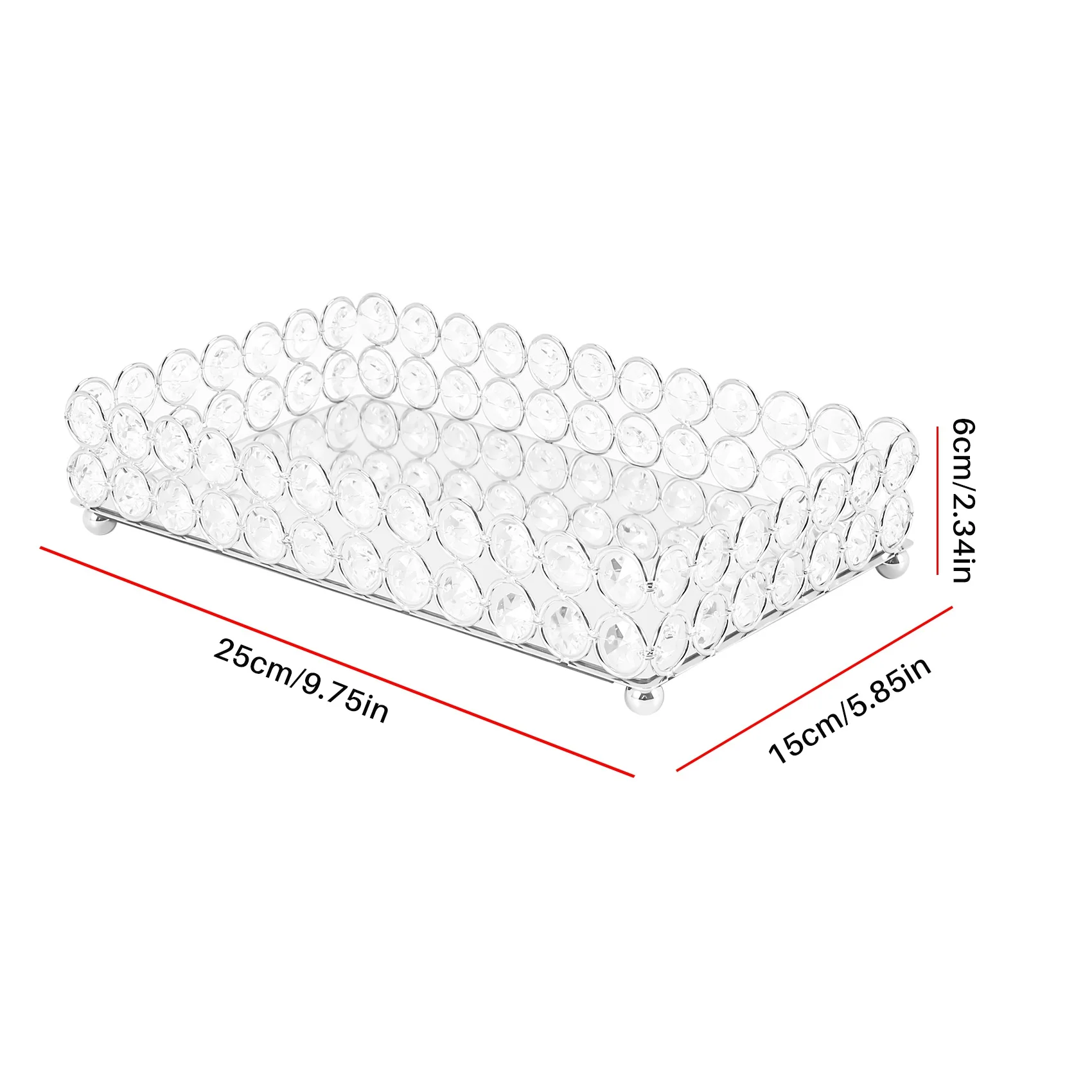 

ABWR-Crystal Rectangle Cosmetic Tray Jewelry Trinket Organizer Mirror Decorative Tray Perfume Skin Care Organizer(Silver)