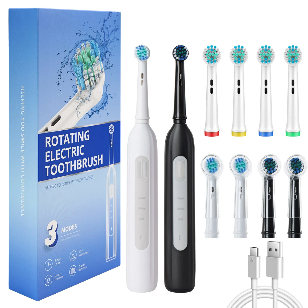 

Rotating electric toothbrush suitable for adults, equipped with 6 brush heads, type-c charging, 3-speed 2-minute timed zoning