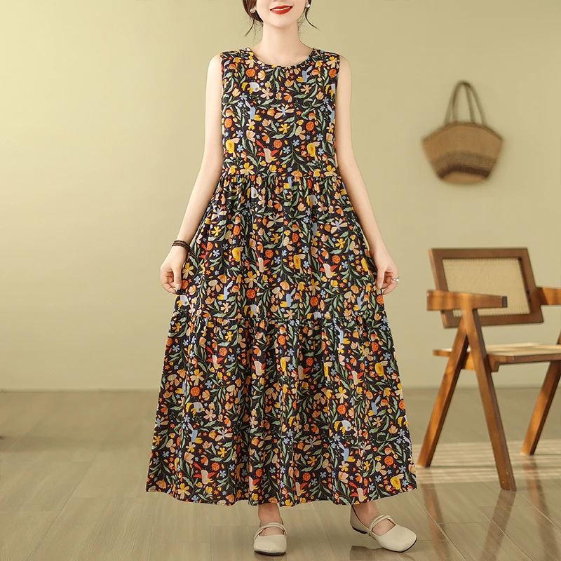 Bloemenprint Maxi Dr Hoge taille Afslankend Svel Vest Sle Lange Dr voor grote maten Dames Woon-werk Sle Verzameld Los...