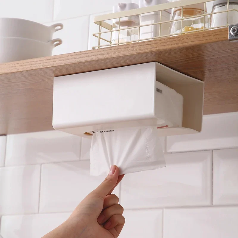 Wasserdichter, an der Wand montierter Taschentuchbox-Organizer – stanzfreie Badezimmeraufbewahrung mit Federpapierhandtuchhalter – Detail 7