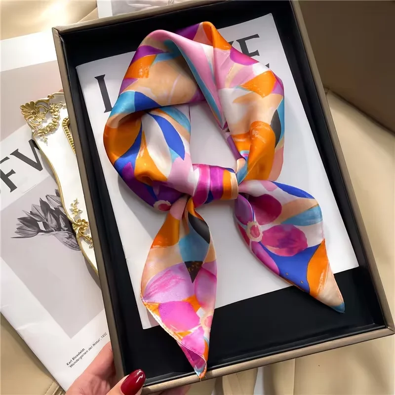 Women Scarf Luxury 2024 Floral Print Square Silk Hijab Hair Bands Neckerchief Fashion tieFemale Satin Shawl Ribbon Headband