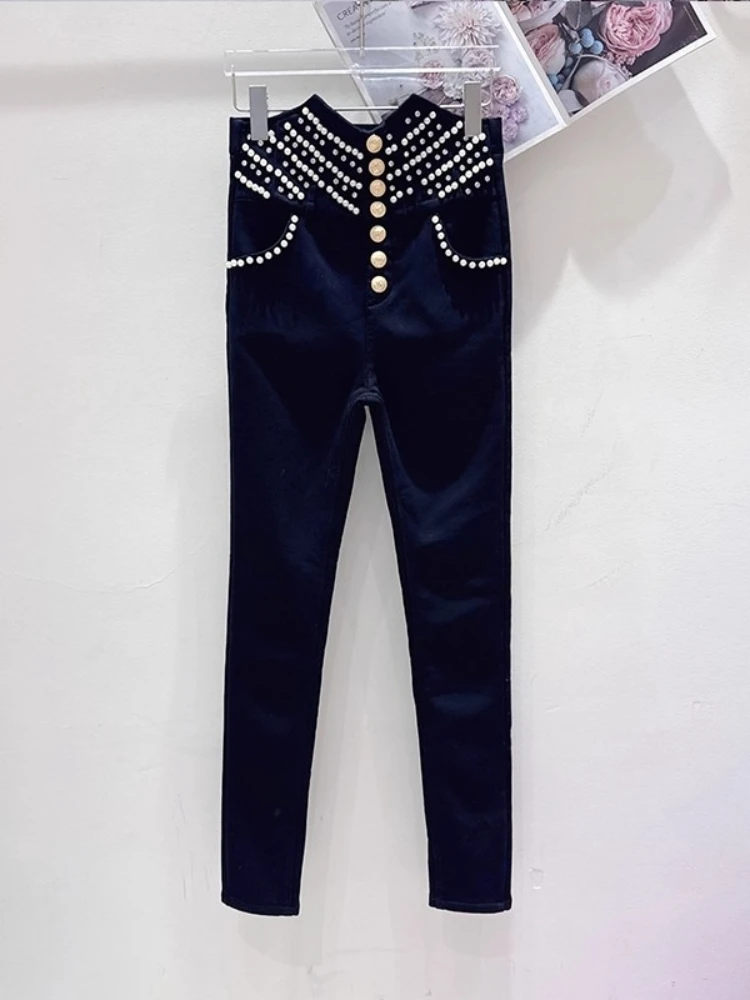 

Зимние черные брюки-карандаш, женские модные бархатные утолщенные теплые повседневные брюки Y2k с высокой талией, облегающие брюки с бусинами и пуговицами