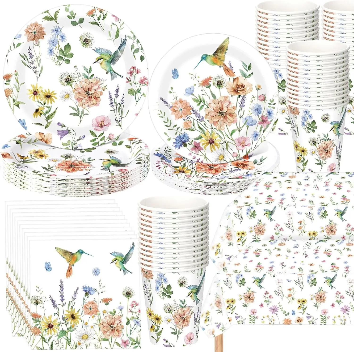 

202 Pcs Spring Floral Hummingbird Party Decoration Wildflower Hummingbird Butterfly Paper Plates Napkins Cups Tablecloth