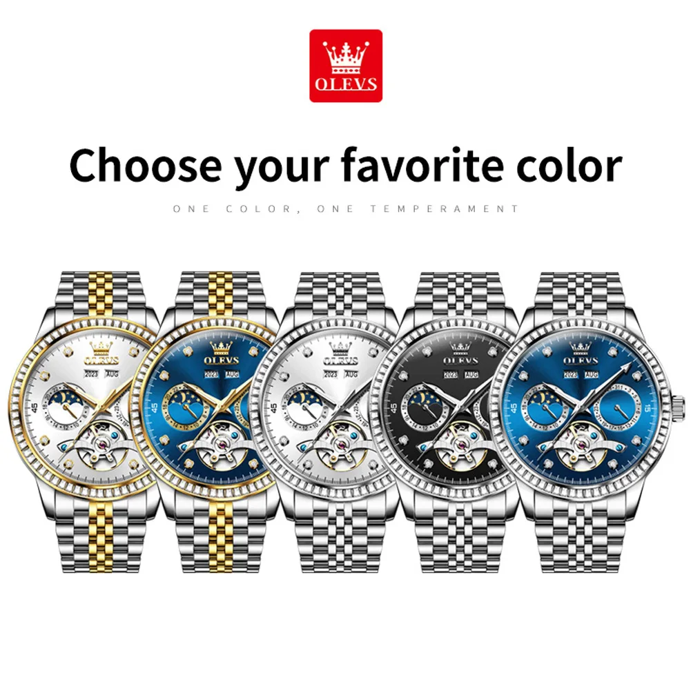 Orologio di marca OLEVS con striscia di acciaio, calendario singolo, orologio meccanico automatico, luce notturna, orologio da uomo impermeabile 7016