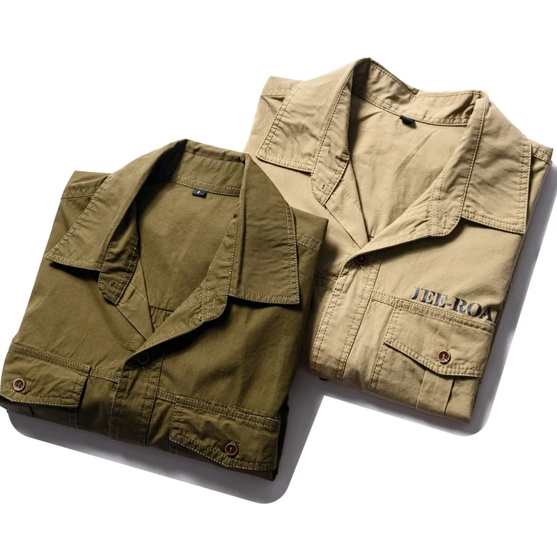 

Trendy Workwear Pure Cotton Men's Faion irt ort Sve Multi-ket Versatile Summer Stand Fit Urban Sle