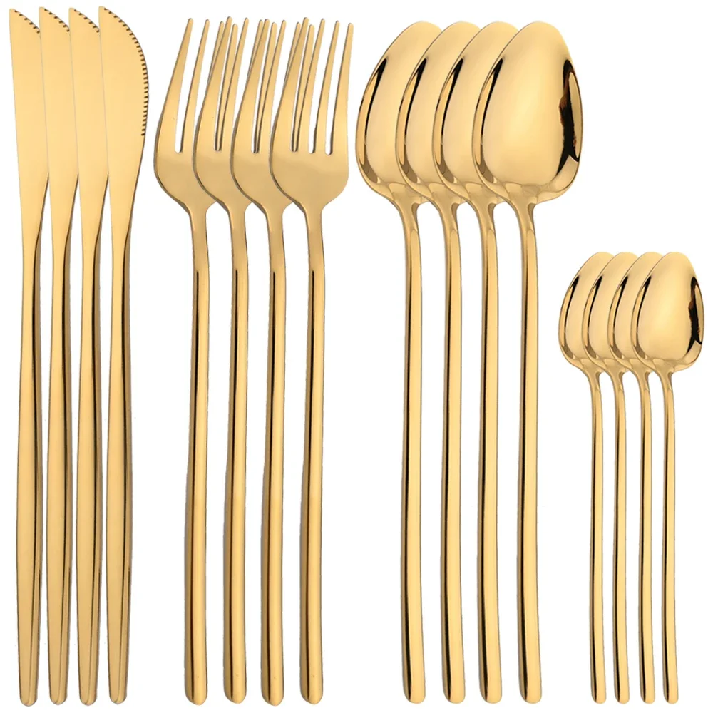16-teiliges Weihnachtsgeschirr-Set aus Edelstahl, Gold, Geschirr, Messer, Gabel, Löffel, Besteck, Spiegel, Besteck, westliches Besteck-Set