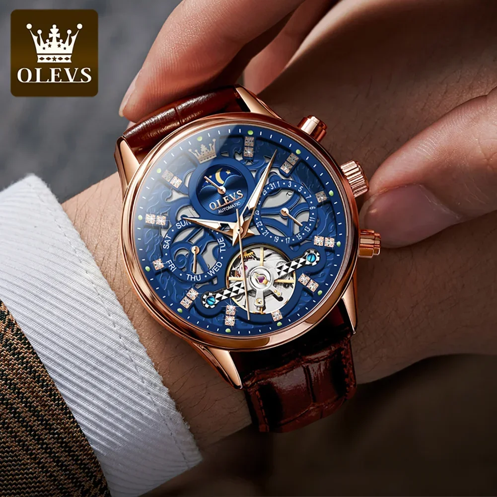 OLEVS New Automatic Mechanical Skeleton Watch for Men Moon Phase Dial Leather Strap Waterproof Luminous Wristwatch Reloj Hombre