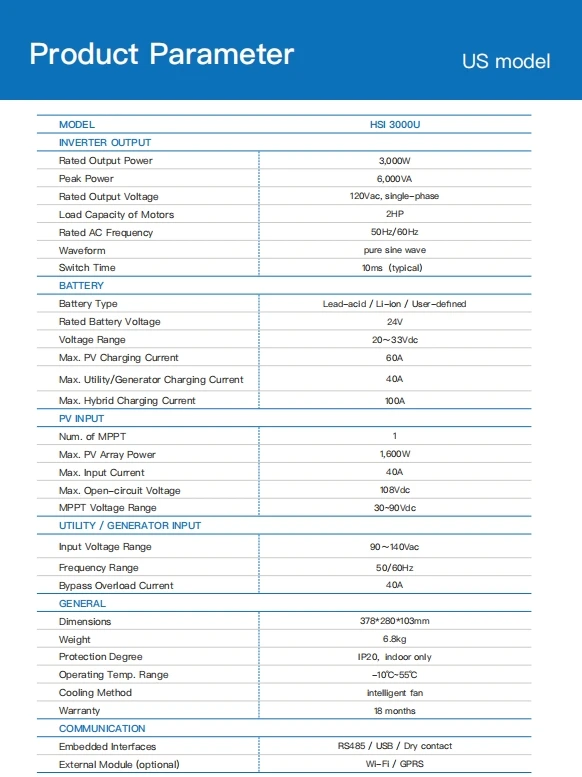 Inverter Fotovoltaik Surya Off-grid Shuori SRNE HSI 3000U Mesin Standar Amerika