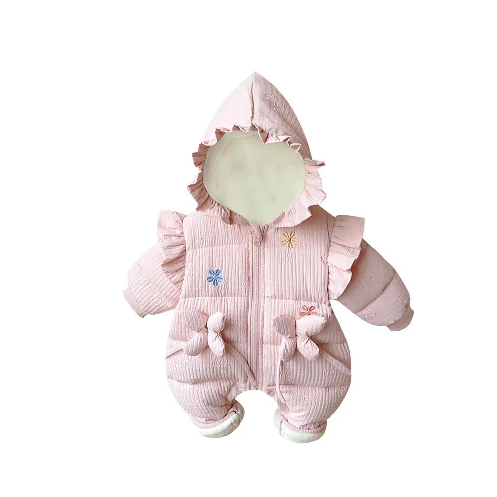 Winter New in Kids Princess Style Jumpsuits - Infant Hooded Thick Embroidery Butterfly Zipper Quilted Outdoor Romper 3M-3Y