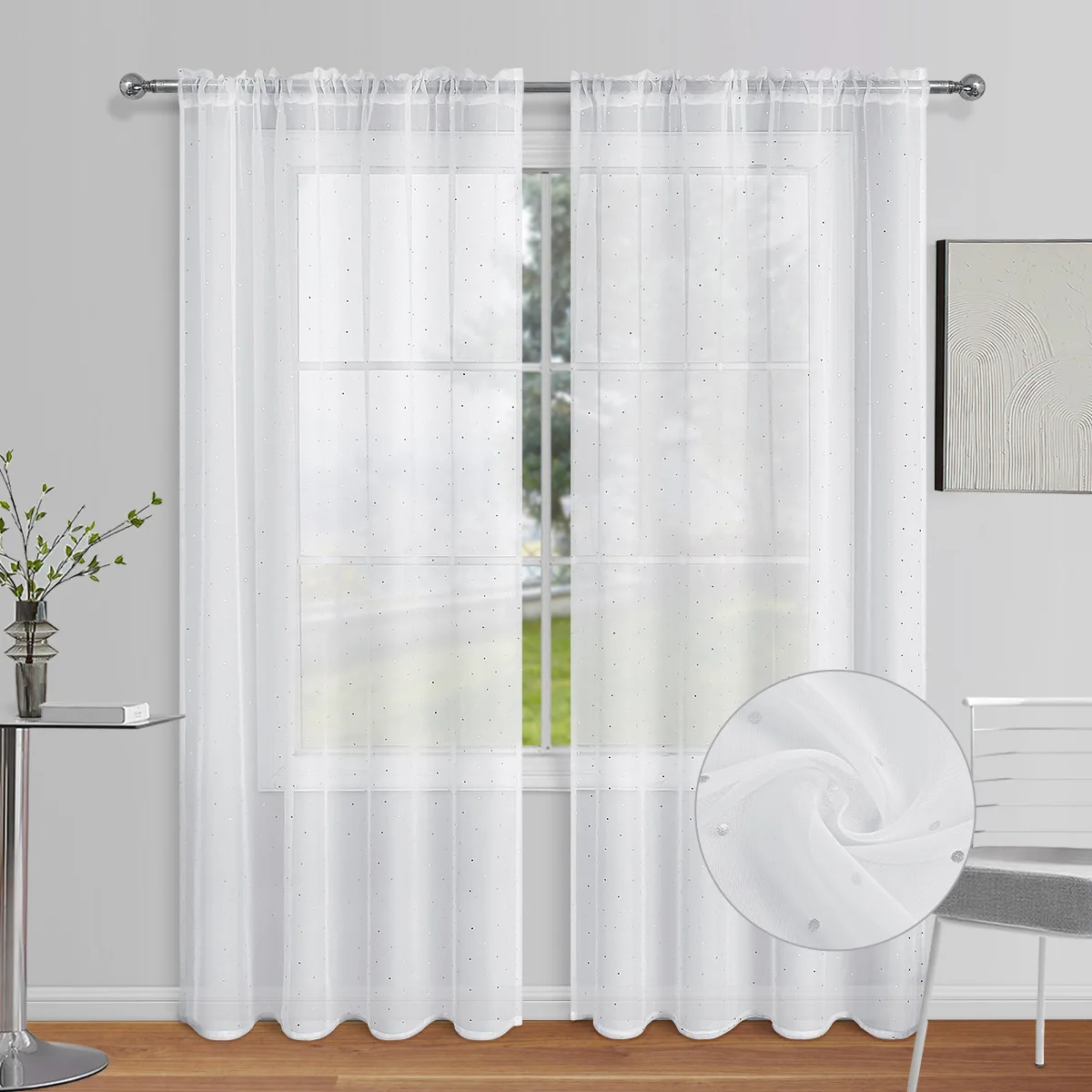 

Curtain White Sheer Curtains Silver Dot Rod Pocket Living Room Window Treatment for Bedroom Decoration Modern Style 1 Panel