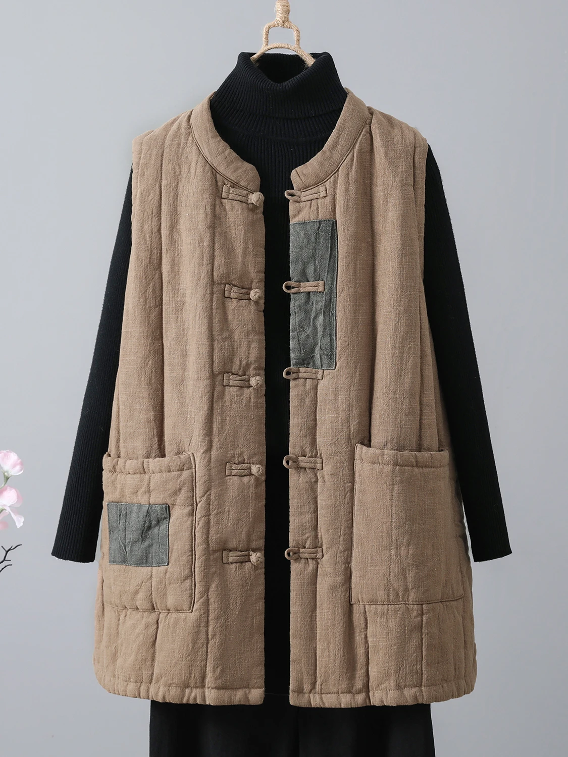 Rompi Wanita Musim Dingin Bahan Katun Linen Tebal Retro Kancing Hangat Kerah Bulat Lengan Panjang Warna