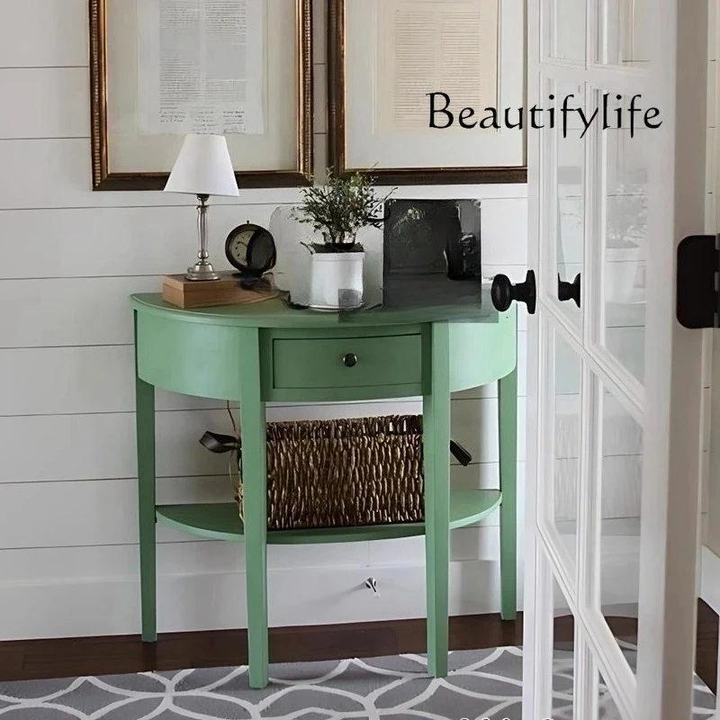 

American solid wood porch table semi-round European sofa back a few foyer porch cabinet retro double shelf