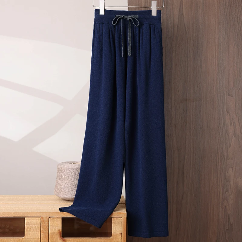 Drawstring Elastic Waist Straight-Leg 100% Cashmere Fashion Casual Long Pants Men Autumn Winter Loose Comfortable Knitted Pants