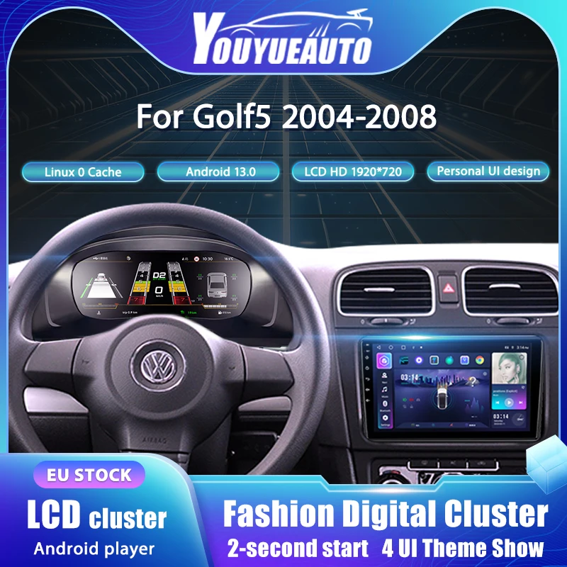 Tableau de bord numérique LCD 10,25 pouces pour VW Golf 5 MK5 2004-2008, lecteur radio Android, navigation GPS, panneau d'instruments, cockpit
