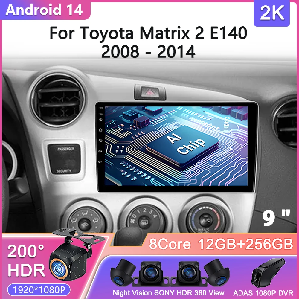 

Автомобильное радио Android 14 Carplay для Toyota Matrix 2 E140 2008 2009 2010 2011 2012 2013 2014 Мультимедийный плеер Навигация GPS