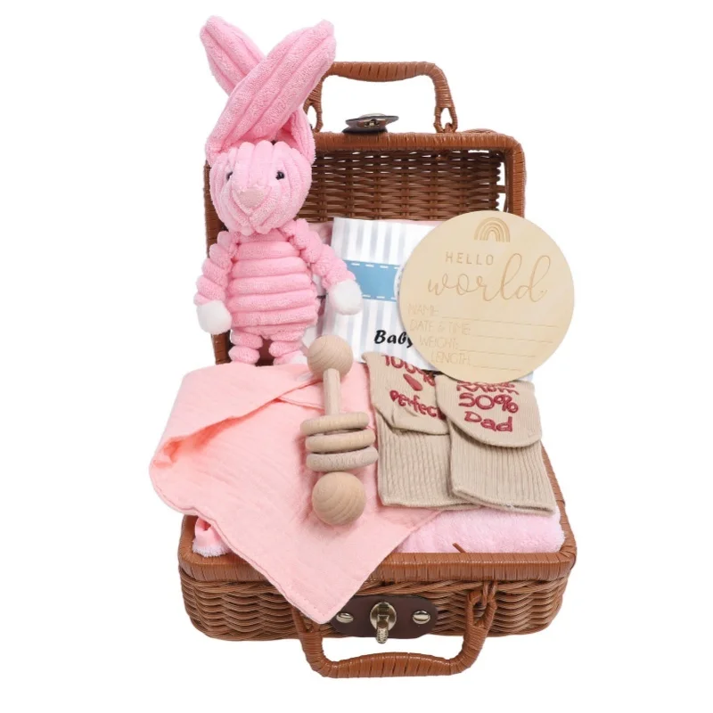 Baby Shower Gifts Basket Including Clothes Cute Doll Wooden Rattle Toy Funny Bibs Socks Greeting Card Newborn Baby Gifts Set