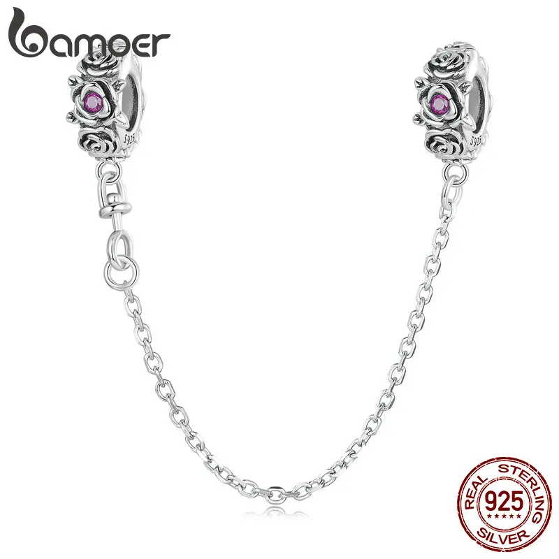 Bamoer 925 Sterling Silver Rose Silver Silicone Safety Chain Accessory for Women Original Bracelet Bangle Fine Jewelry BSC713