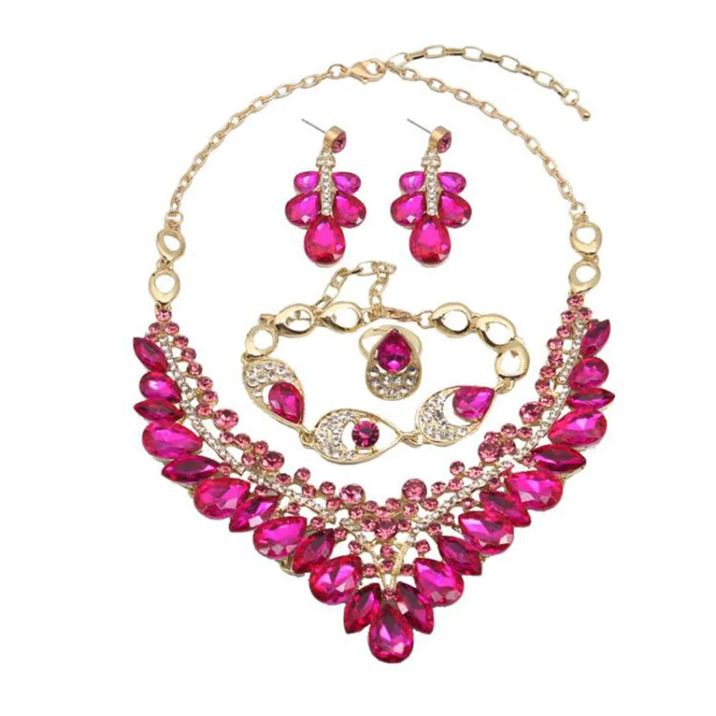 Cross-border e-commerce, exaggerated jewelry, crystal gemstone necklace, earrings, four-piece women's dress, dinner accessories