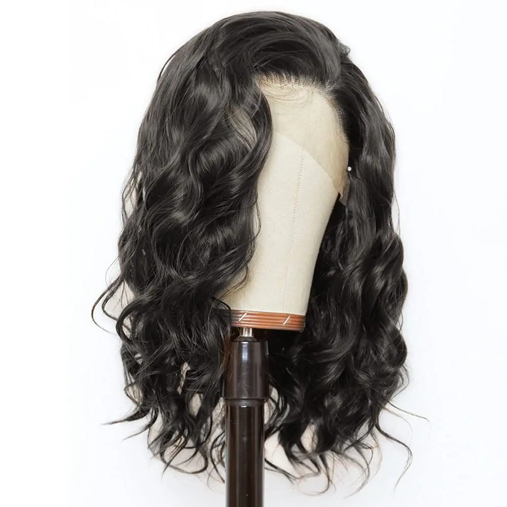 Black Short Body Wave Lace Front Wigs Glueless Natural Wave Synthetic Heat Resistant Fiber Hair Wig With Baby Hair 16 Inch image 4
