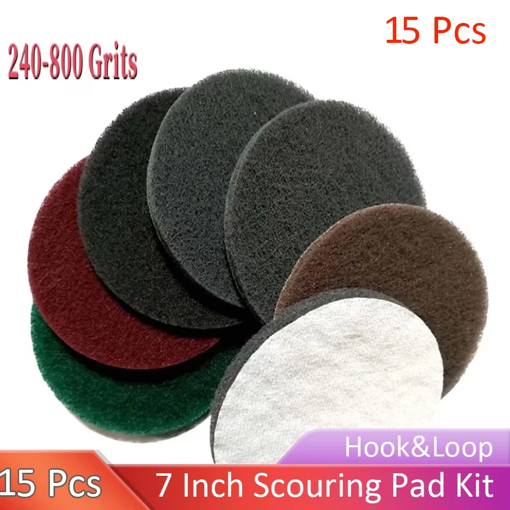 15Pcs 7 Inch Multi-Purpose Flocking Scouring Pads Round 240-800 Grit Industrial Heavy Duty Nylon Cleaning Cloth for Grinding