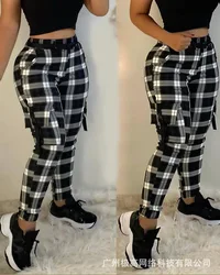 Women High Waist Ankle Length Spring Summer Plaid Pants Pockets Fashion Casual Trousers Pants